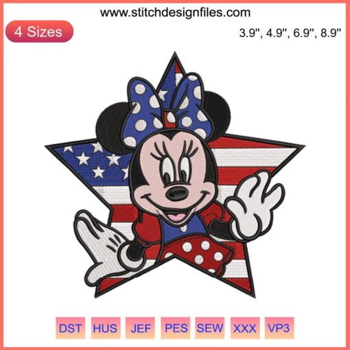 Minnie Mouse 4th of July Embroidery Design: Patriotic Independence Day Machine File with Stars and Stripes Bow.