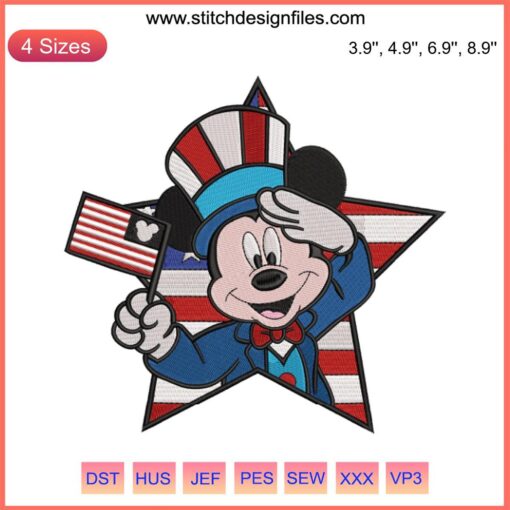"Mickey Mouse 4th of July Embroidery Design | Patriotic Machine Embroidery with Stars and Stripes for Independence Day"