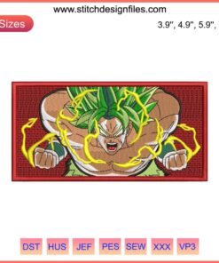 Broly Dragon Ball Anime Machine Embroidery Design File featuring dynamic Broly character design in vibrant colors.