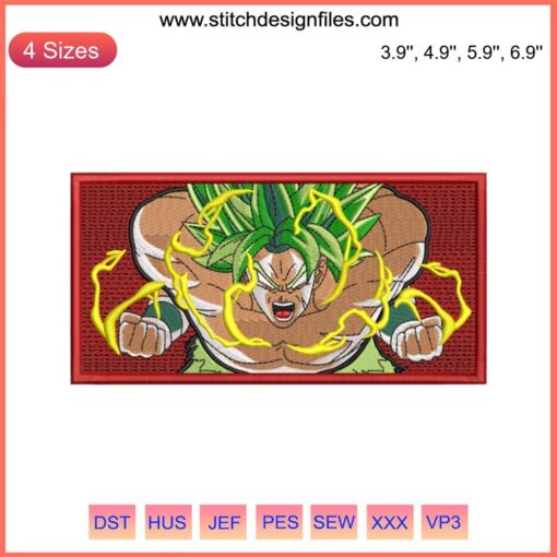 Broly Dragon Ball Anime Machine Embroidery Design File featuring dynamic Broly character design in vibrant colors.
