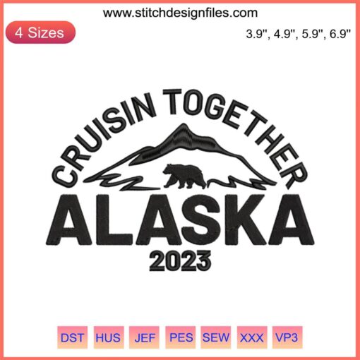 "Elegant 'Cruisin Together Alaska 2023' embroidery design: Nautical theme, detailed Alaska map, cruise ship, and year motif."