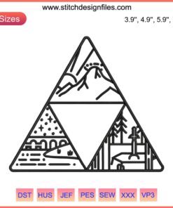 Zelda Minimalist Machine Embroidery Design featuring Triforce icon, perfect for geeky sewing projects. Downloadable .dst file.