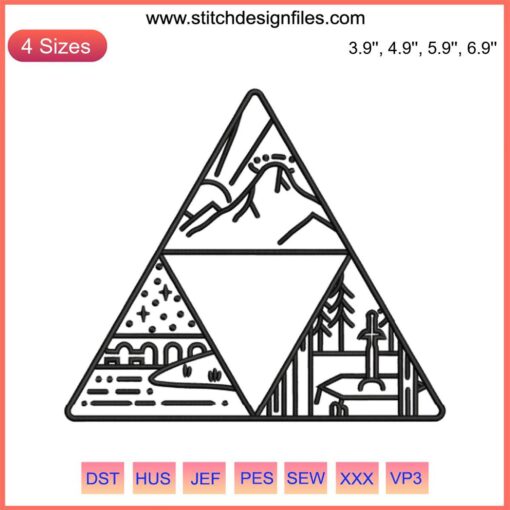 Zelda Minimalist Machine Embroidery Design featuring Triforce icon, perfect for geeky sewing projects. Downloadable .dst file.