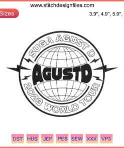 Suga Agust D Tour Embroidery Design File | BTS Music Machine Embroidery | Agust D Tour Logo in Digital Format