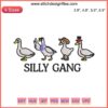 Colorful "Silly Gang" embroidery design featuring a quirky goose; machine embroidery file; vibrant digital art; humorous style.