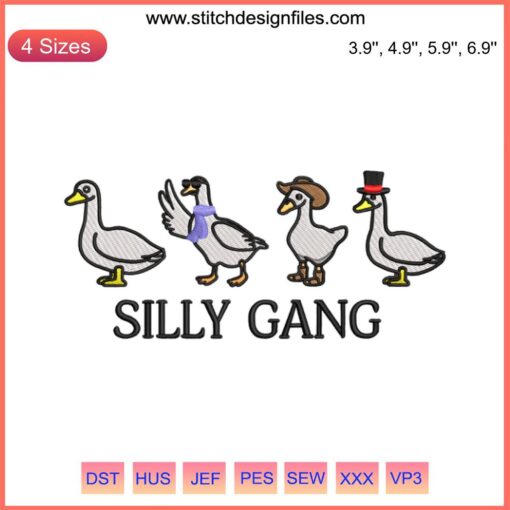 Colorful "Silly Gang" embroidery design featuring a quirky goose; machine embroidery file; vibrant digital art; humorous style.