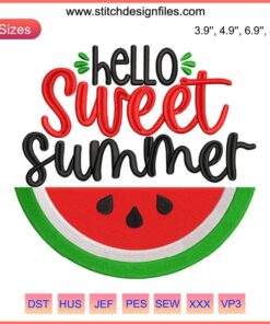 Hello Sweet Summer Embroidery Design File; vibrant I Love Summer text, colorful motifs, perfect for seasonal crafts.