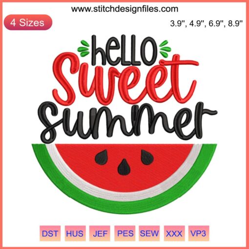 Hello Sweet Summer Embroidery Design File; vibrant I Love Summer text, colorful motifs, perfect for seasonal crafts.