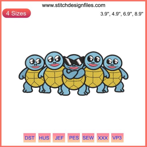 Squirtle Squad Embroidery Design: Cool Pokemon machine embroidery pattern featuring iconic Squirtle Squad sunglasses. Perfect for fans!