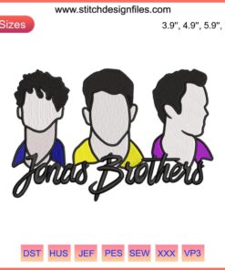 Jonas Brothers embroidery design featuring musical instruments, vibrant colors, perfect for music-themed embroidery projects.