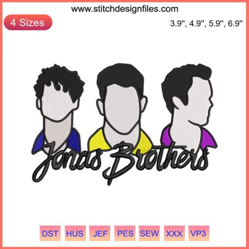 Jonas Brothers embroidery design featuring musical instruments, vibrant colors, perfect for music-themed embroidery projects.