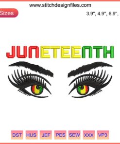 Juneteenth celebration embroidery design featuring African American women, Afrocentric motifs, vibrant colors, cultural pride.