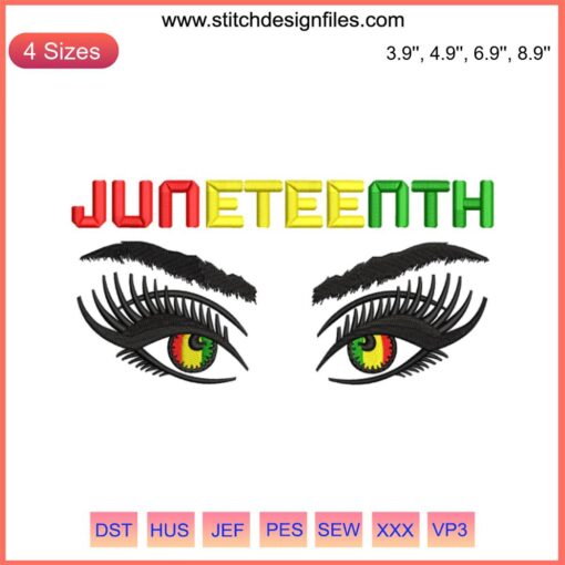 Juneteenth celebration embroidery design featuring African American women, Afrocentric motifs, vibrant colors, cultural pride.
