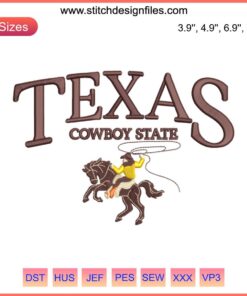 Texas Cowboy State Embroidery Design featuring a bucking horse and cowboy, perfect for Western-themed textile projects.