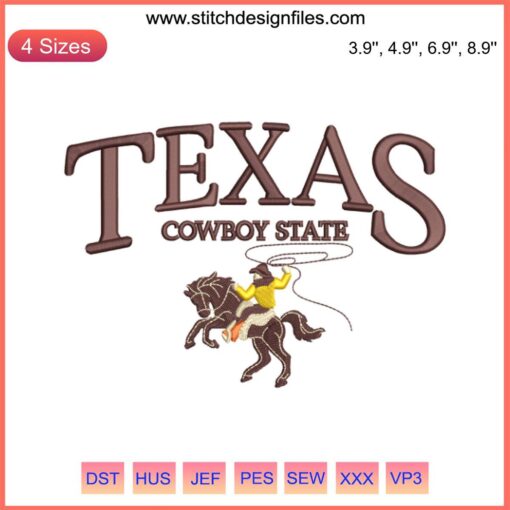 Texas Cowboy State Embroidery Design featuring a bucking horse and cowboy, perfect for Western-themed textile projects.
