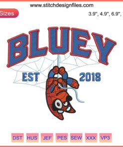 Bluey Spider-Man Embroidery Design File: Adorable Bluey in Spider-Man costume, perfect for machine embroidery enthusiasts.