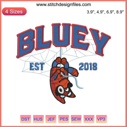 Bluey Spider-Man Embroidery Design File: Adorable Bluey in Spider-Man costume, perfect for machine embroidery enthusiasts.
