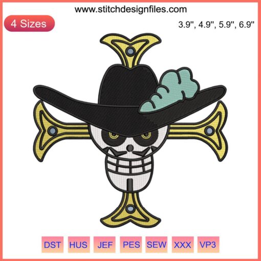 Mihawk Jolly Roger Embroidery Design | One Piece Anime Logo File | Skull & Crossed Sword Pattern