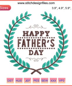 Father's Day 2023 Embroidery Design: "Dad" in bold blue text with decorative elements, perfect for gifts and apparel.