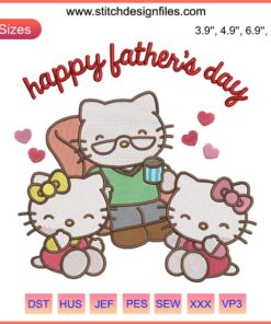 Hello Kitty Happy Family Embroidery Design featuring Dad, celebrates Father's Day. Unique machine embroidery file, perfect for gifts.
