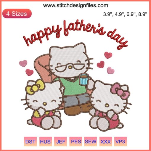 Hello Kitty Happy Family Embroidery Design featuring Dad, celebrates Father's Day. Unique machine embroidery file, perfect for gifts.