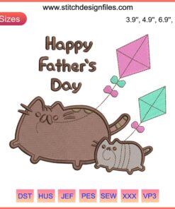 Happy Father’s Day Cat Embroidery Design featuring a cute cat with text "Happy Father's Day" for machine embroidery projects.