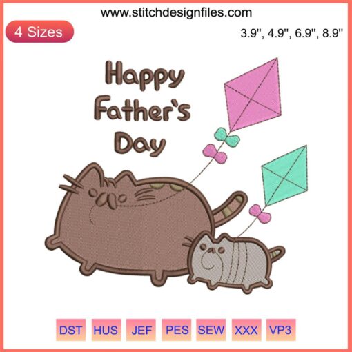 Happy Father’s Day Cat Embroidery Design featuring a cute cat with text "Happy Father's Day" for machine embroidery projects.