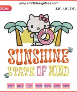 Hello Kitty Beach Summer Embroidery Design - Sunshine State of Mind. Perfect for DIY projects, tropical-themed crafts, and gifts.