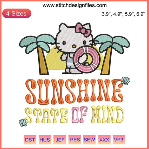 Hello Kitty Beach Summer Embroidery Design - Sunshine State of Mind. Perfect for DIY projects, tropical-themed crafts, and gifts.