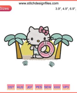 "Hello Kitty Beach Embroidery Design - Summer 2023 Machine File: Cute cat with sun hat, waves, palm tree; perfect for summer crafts."