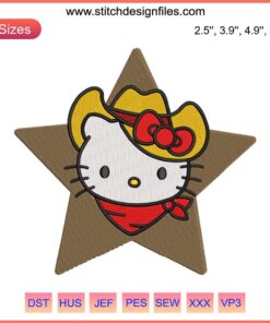 Cute Hello Kitty in cowboy hat embroidery design with stars, perfect for quirky crafts and accessories.