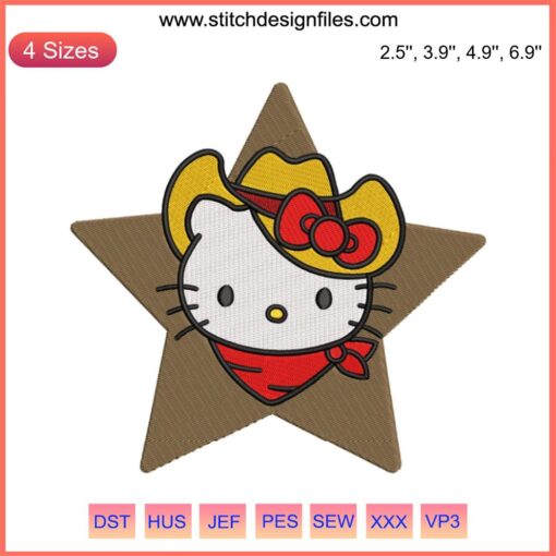 Cute Hello Kitty in cowboy hat embroidery design with stars, perfect for quirky crafts and accessories.