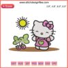 Hello Kitty wearing overalls, holding strawberries on farm; embroidery design; perfect for personalized crafts.