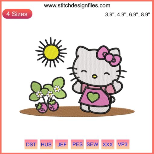 Hello Kitty wearing overalls, holding strawberries on farm; embroidery design; perfect for personalized crafts.