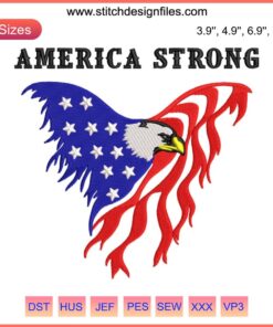 Patriotic American Eagle Flag Embroidery Design File for 4th of July, featuring fierce eagle with stars and stripes.
