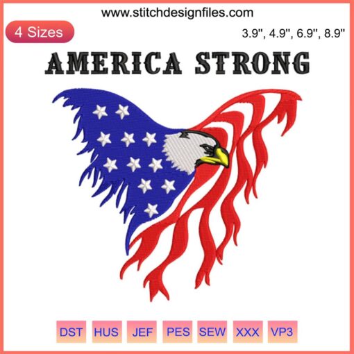 Patriotic American Eagle Flag Embroidery Design File for 4th of July, featuring fierce eagle with stars and stripes.