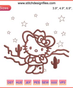 Hello Kitty Desert Rodeo Embroidery, Cowboy Hello Kitty Design File with Cowboy Hat, Cactus, Desert Scenery.