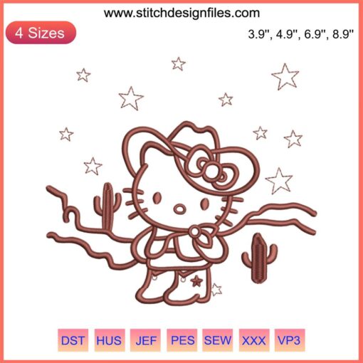 Hello Kitty Desert Rodeo Embroidery, Cowboy Hello Kitty Design File with Cowboy Hat, Cactus, Desert Scenery.
