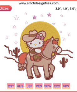 Hello Kitty dressed as a cowboy, Wild West Embroidery Design, kawaii cute style, cowboy hat and bandana, digital file.