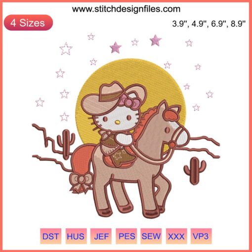 Hello Kitty dressed as a cowboy, Wild West Embroidery Design, kawaii cute style, cowboy hat and bandana, digital file.