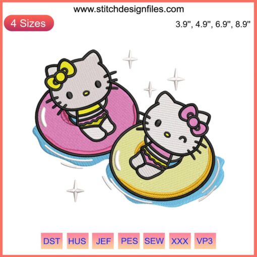 Hello Kitty enjoys beach vacation; summer embroidered design for machine embroidery, perfect for vibrant beach-themed projects.