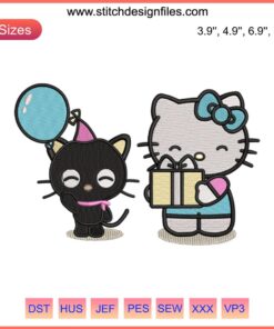 A cute embroidered cat with party hat, balloons, and "Happy Birthday" text, ideal for birthday gifts. Fun, playful design.