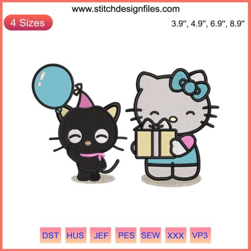 A cute embroidered cat with party hat, balloons, and "Happy Birthday" text, ideal for birthday gifts. Fun, playful design.
