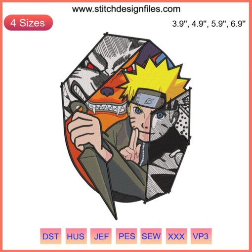 Naruto Kurama Anime Embroidery Design: Vibrant Stitch Art Featuring Naruto's Nine-Tails Kurama, Ideal for Machine Embroidery.