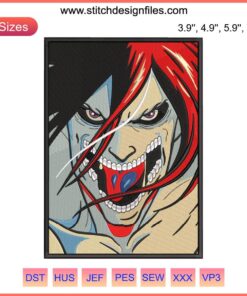 Attack on Titan anime embroidery design file featuring iconic Titan face, perfect for fans; machine embroidery file download.