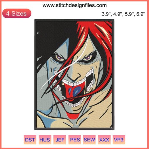 Attack on Titan anime embroidery design file featuring iconic Titan face, perfect for fans; machine embroidery file download.