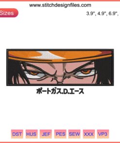Portgas D. Ace eyes embroidery design, One Piece anime, detailed machine embroidery, pirate theme, intricate stitching pattern.