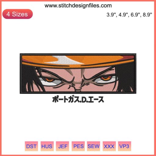 Portgas D. Ace eyes embroidery design, One Piece anime, detailed machine embroidery, pirate theme, intricate stitching pattern.