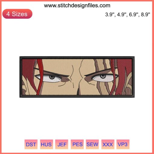 Shanks Eyes Embroidery Design featuring intense anime style from One Piece, available in versatile embroidery file format.