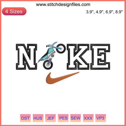 Motorcycle x Nike Embroidery Design File: Unique sports machine embroidery with iconic Nike branding, perfect for customization.